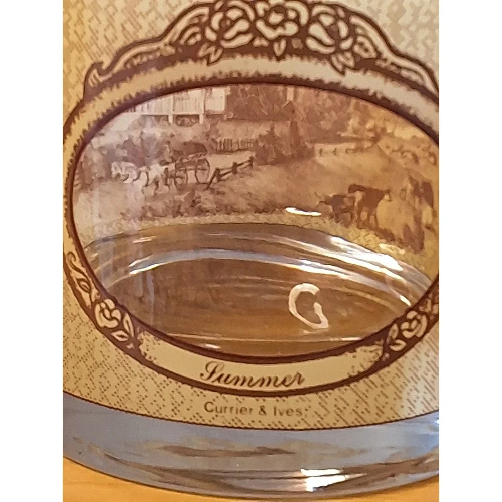 Vintage Currier & Ives Four Seasons Whiskey Rocks Glasses Set of 4 Brown Cream